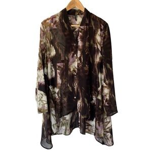 Stella Carakasi Semi-Sheer Tunic Top Womens L Dark Neutrals Flowy Elegant Shirt
